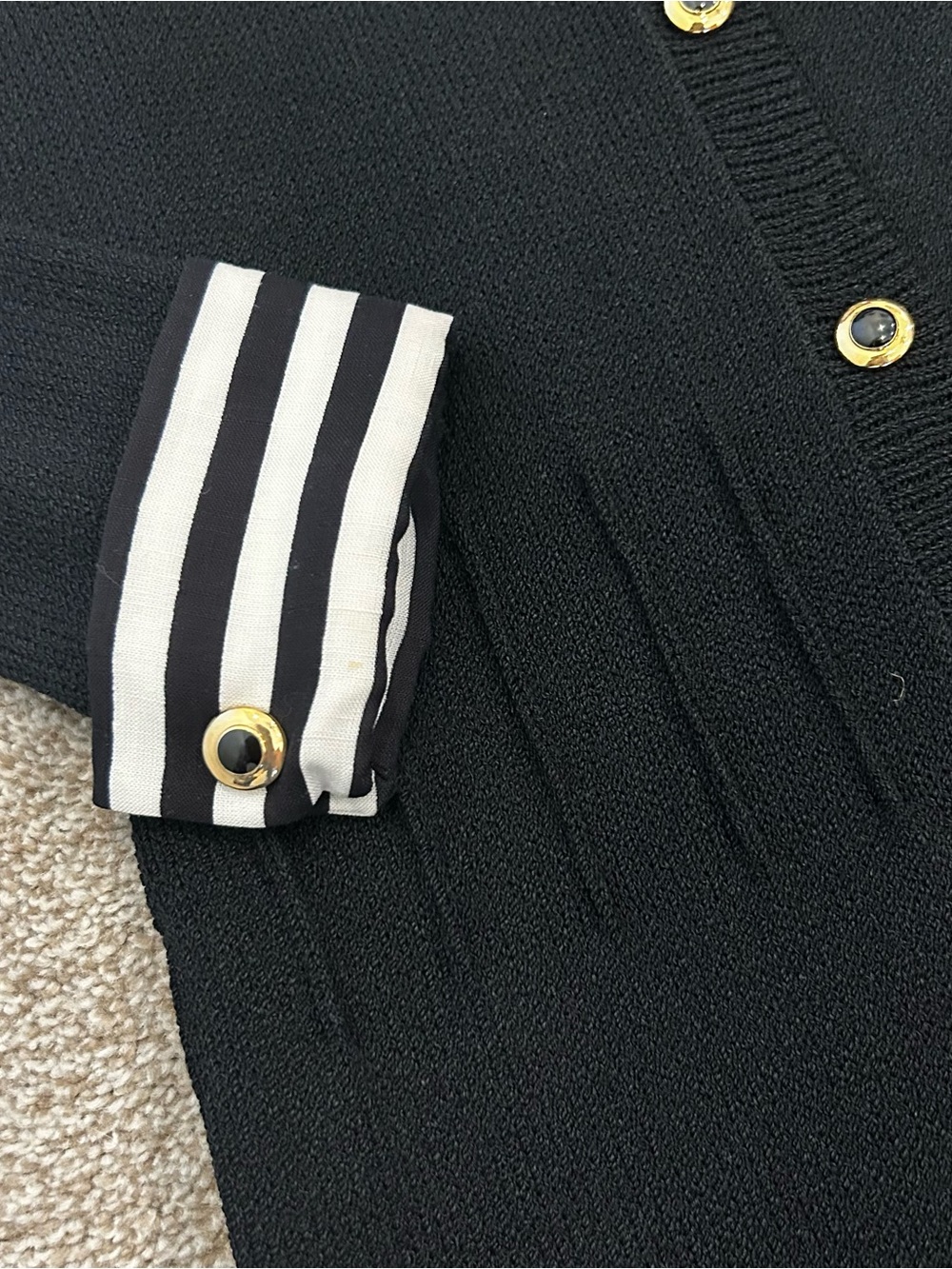 St. John Black Long Sleeve Knit Dress with Striped Collar & Cuffs small - Picture 3 of 6